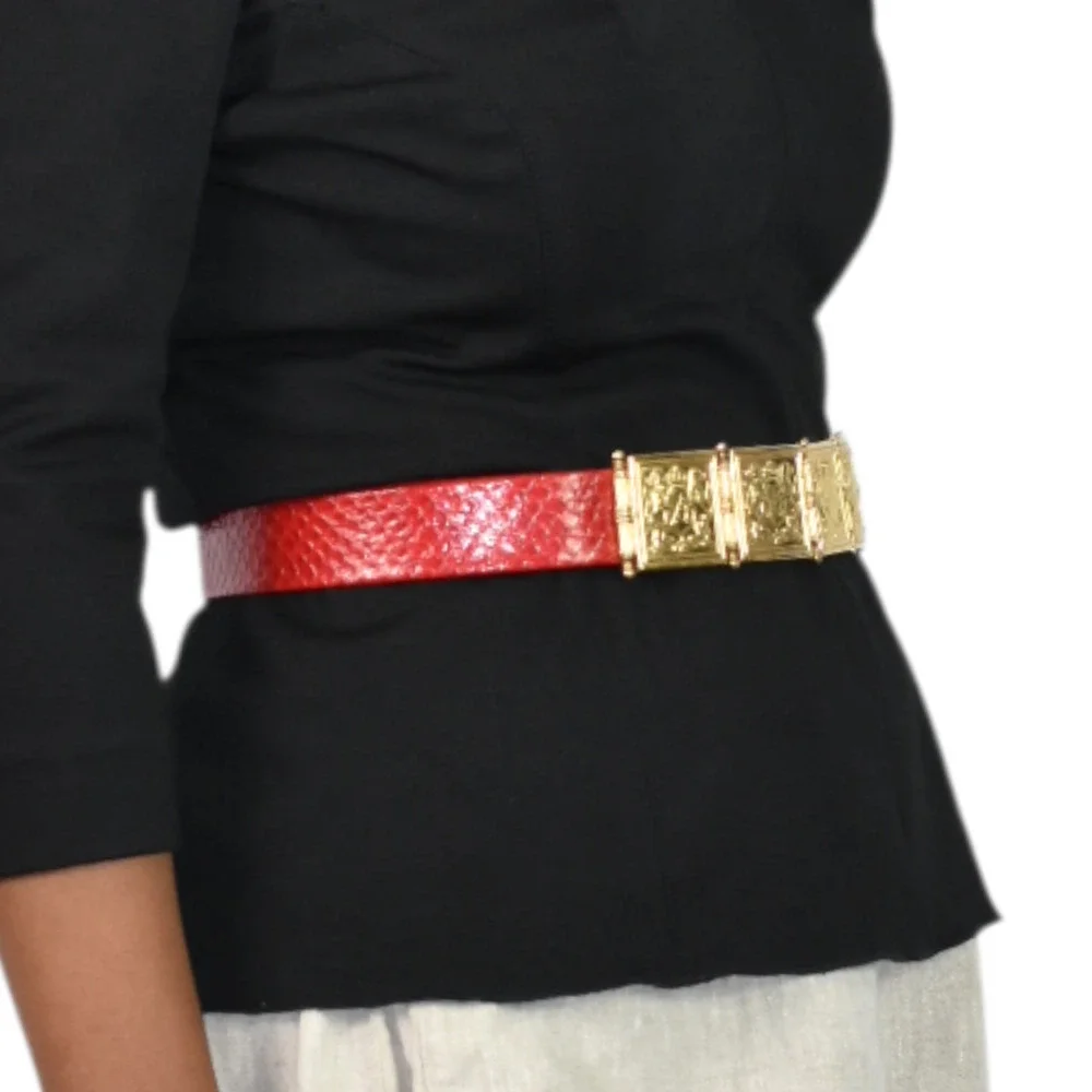 Vintage Accessocraft Crest Statement Belt Red Faux Snake Heraldic Lion One Size